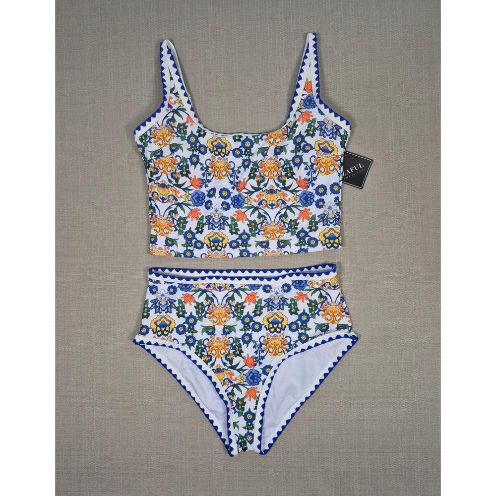 Zaful Floral High Waisted Bikini Set Blue Orange Ric Rac Trim L NWT